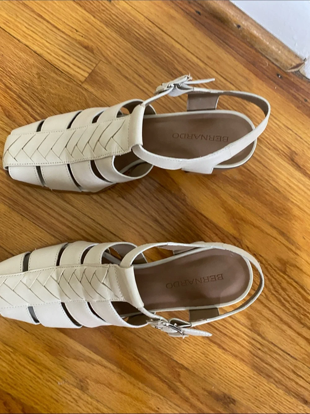 Bernardo Cream Woven Leather Block Heel Sandals